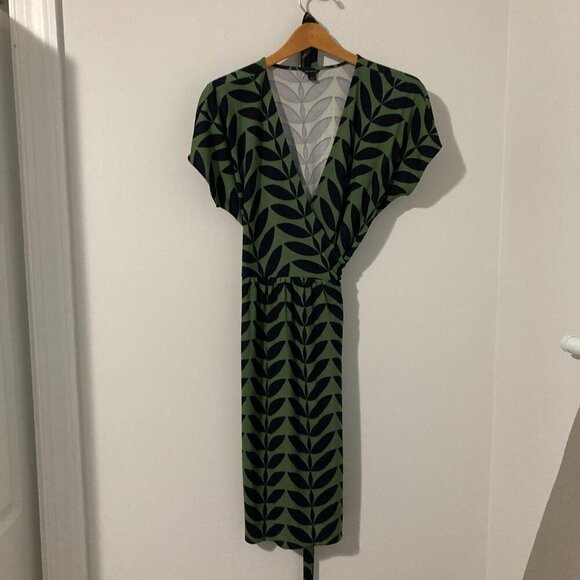 ANN TAYLOR 3/4 Sleeve Geometric BLACK Green WRAP DRESS-V-NECK -KNEE LENGTH Sz 8 - Picture 5 of 11